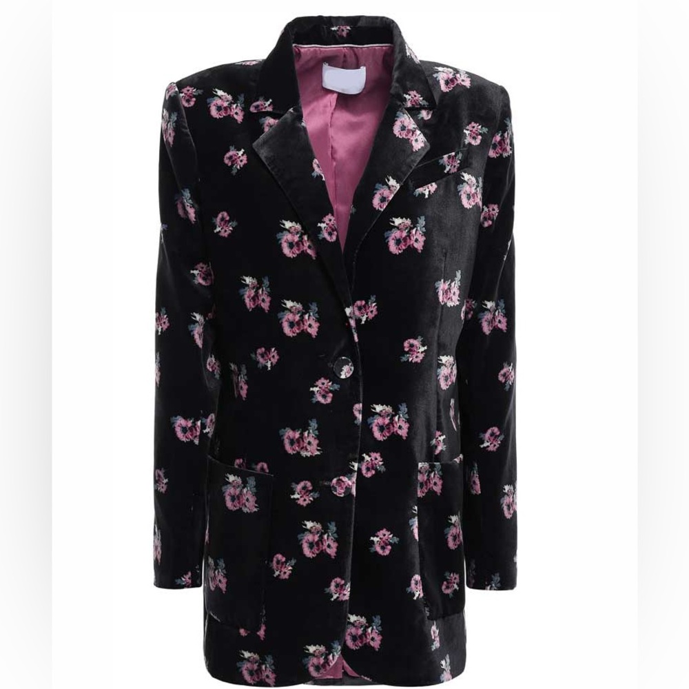 Racil Alfred Two-Button Floral-Print Long Velvet Blazer